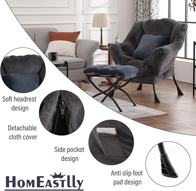 Lazy Chair with Ottoman Large Blue Gray Accent Chair with Ottoman and FA Throw Pillow Comfy Plush Reading Chair for Living Room Bedroom Dorm Room Office Apartment Relaxing Use