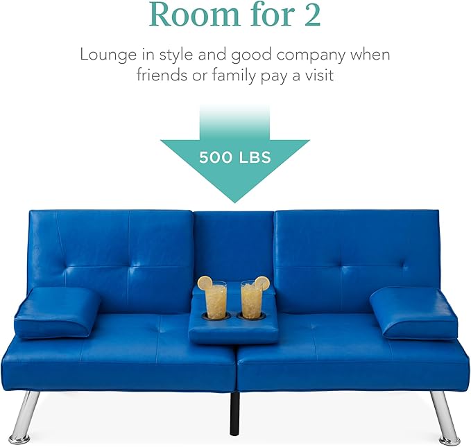 Best Choice Products Faux Leather Upholstered Modern Convertible Futon Adjustable Folding Sofa Bed Guest Bed w/Removable Armrests - Royal Blue