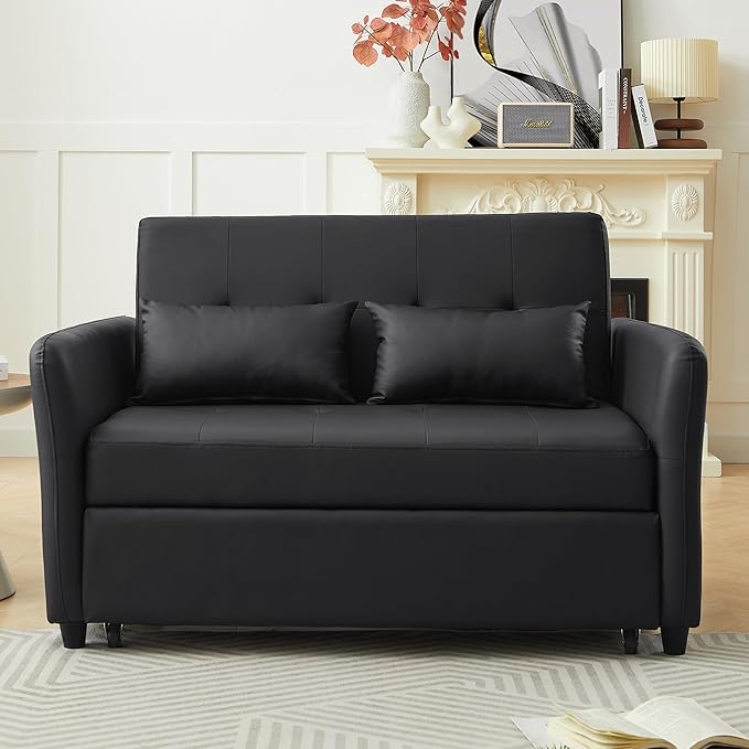 Black Convertible Sofa Bed 3-in-1 Sleeper Sofa with Pull-Out Bed PU Leather Futon Couch with Adjustable Backrest USB Port for Living Room Bedroom Apartment RV (Black)