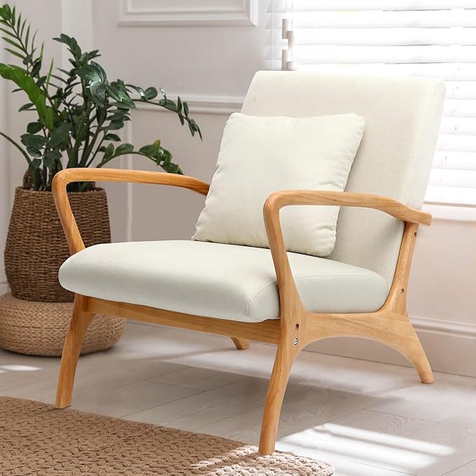 ELUCHANG Accent Chair with Lumbar PillowMid-Century Modern Armchair Linen Fabric Comfy Reading Lounge Side Chair for Living Room Bedroom ApartmentEasy Assembly(Beige)