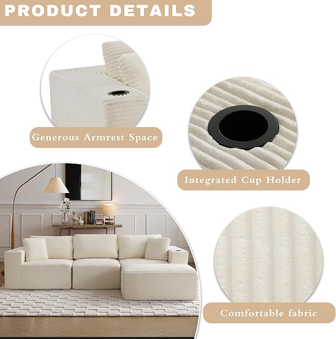 110”Modular Sectional SofaCloud Boneless Couch with Deep SeatModern Modular L-Shape Sofa Couch with 0ttomanUpholstered Couches for Living Room Bedroom (Beige)