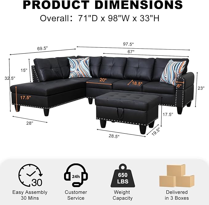 Wakefit Sectional Sofa Couch Modern 4-Seaters Living Room Furniture Sets with Chaise Lounge Ottoman &amp 2 Pillows | L Shape Couch | Cup Holder | Faux PU Leather Black