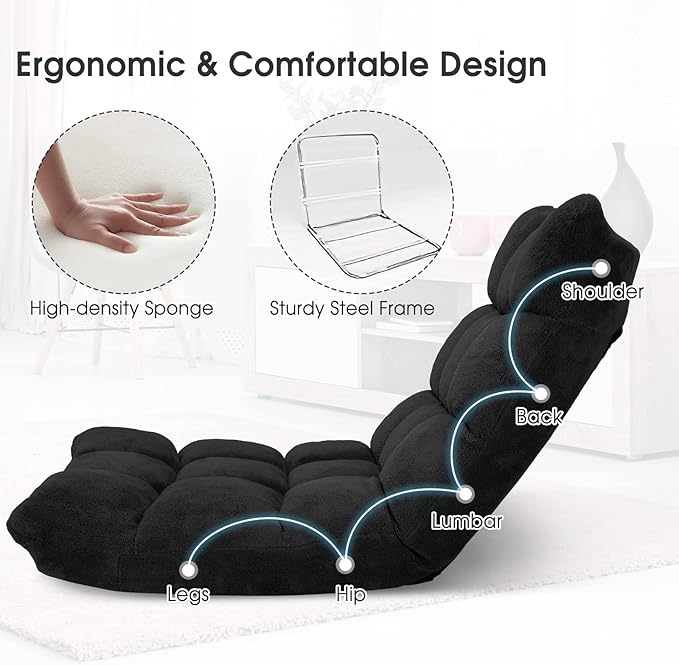 Giantex Folding Floor Chair with Back Support 14 Adjustable Position Padded Sleeper Bed Couch Recliner Floor Gaming Chair for Adults Meditation Living Room Bedroom Black
