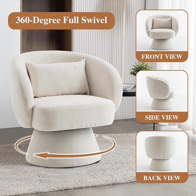 360° Swivel Accent Chair Modern Velvet Barrel Chair with Pillow Upholstered Single Sofa for Living Room Bedroom Office Ivory