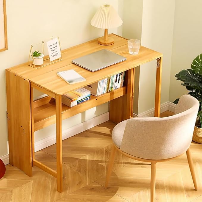 Solid Wood Folding DeskMid Century Modern DeskFoldable Writing Computer Desk for Home OfficeStudy Desk with Storage Shelf for Small Spaces(103cm/40.5 Natural)