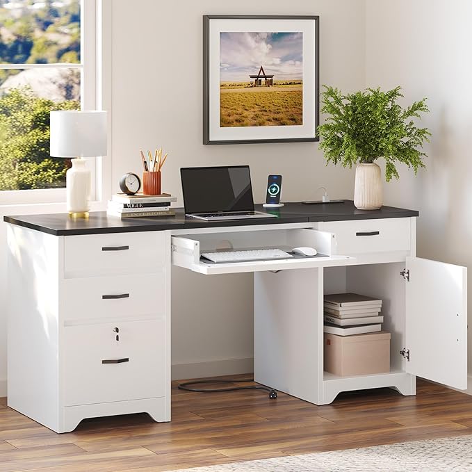 Bestier 59” Office Desk with Lockable Drawers Modern Computer Desk with File Drawer Charging Station &amp Drop-Front Keyboard Drawer Executive Desk with Storage Cabinet for Home Office &amp Studi