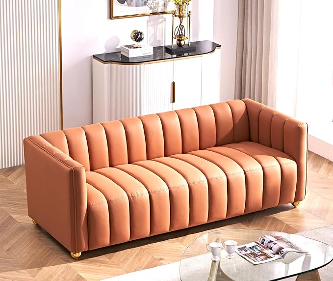 Direct Glam Fabric Upholstered Solid Wood Frame 82.7 Art Deco Sofa for Living Room Office Sophisticated 3 Seater Couch Orange