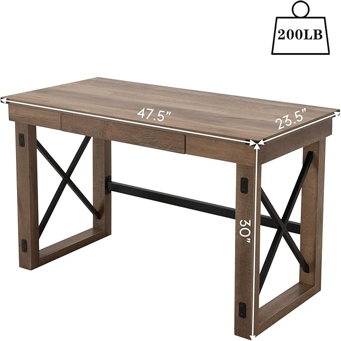 47.5 Writing Computer Desk Industrial Style Large Home Office Desk with Pull-Out Keyboard Tray and Black Metal Wooden Laptop Table for Work Study