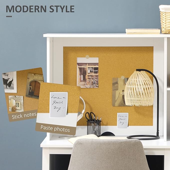 Computer Desk with Drawers Shelves Home Office Desk with Storage Corkboard Workstation Table with Cable Hole White