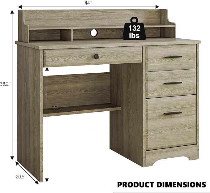 4 EVER WINNER Computer Desk with Drawers Small Desk with Monitor Stand and File Drawer Wood Desk with Storage Writing Desk for Bedroom Home Offic Grey
