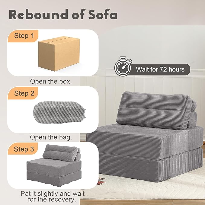 MeMoreCool Folding Sofa Bed Single Grey – Convertible Sleeper Chair with Back Support | Foldable Floor Lounge Mattress Chair with Headrest &amp Lumbar Pillow Ideal for Living Room Bedroom Guest Spa