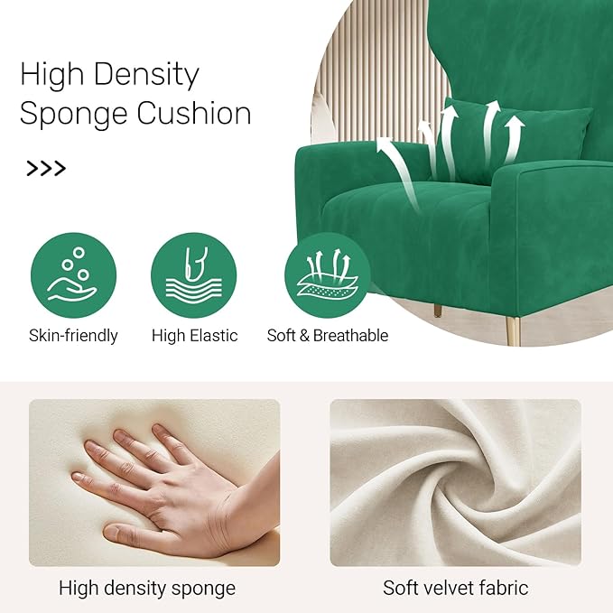 Velvet Accent Chair Wingback for Living Room High Back Arm Chair with Golden Legs Lumbar Pillow Upholstered Single Sofa Bedroom Green