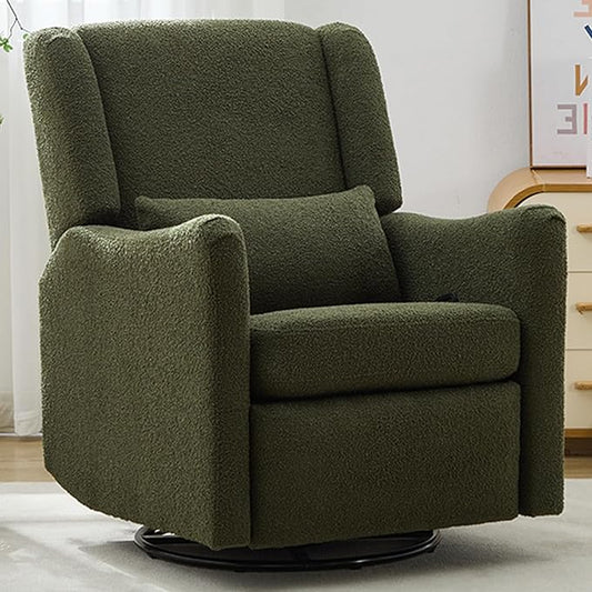 Classic Wingback Glider Recliner Nursery Chair Rocker Swivel Recliner Chairs for Small Spaces Thick Cushion Linen (Green)