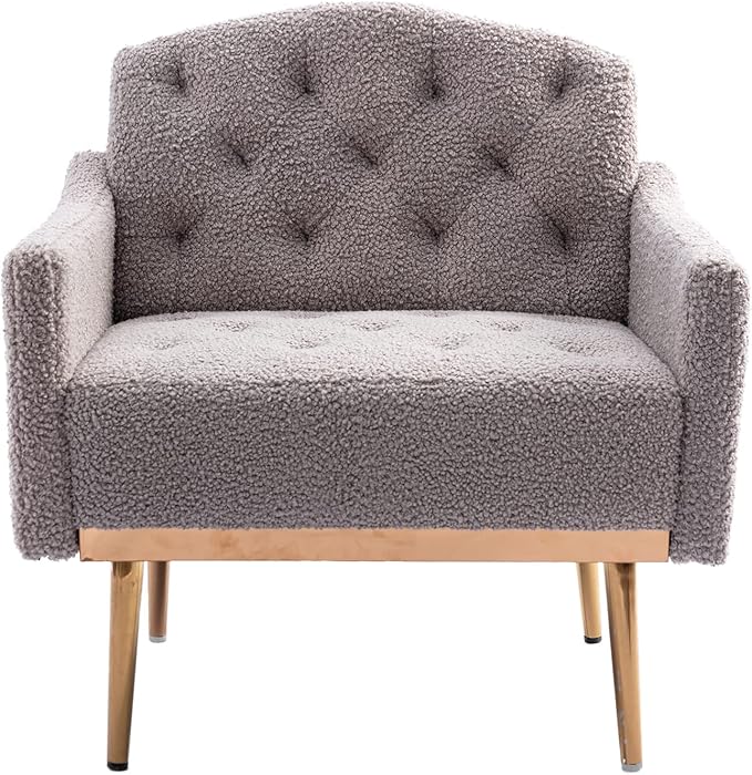 Modern Teddy Fabric Accent ChairUpholstered Button-Tufted Single SofaComfy Armchair Chair with Rose Golden Legsfor Living Room Bedroom Home Office (Grey)