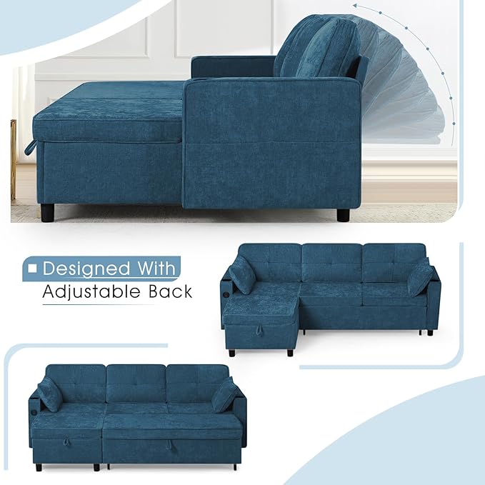 84 Inches L Shaped Sofa w/Adjustable Back &amp Pull-Out Sofa Bed Chenille Tufted Sectional Couch w/Storage Chaise &ampUSB Charging Port Modern Sleeper Couch w/Cup Holders for Living Room Blue