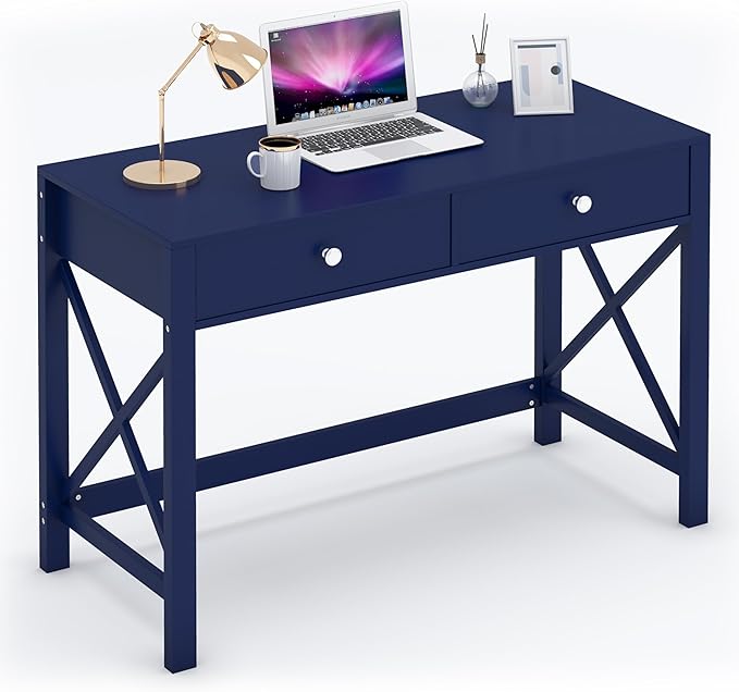 WiberWi Home Office Desk with Drawers Modern Writing Computer Desk for Bedroom Small Navy Makeup Vanity Table Study Table