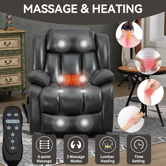 KEIKI Oversized Recliner Chair Electric Dual Motor Lift Leather Recliner for Elderly Synthetic Leather Upholstery with Infinite Position and Back Massager with Heat Rocking Lounge Chair Grey