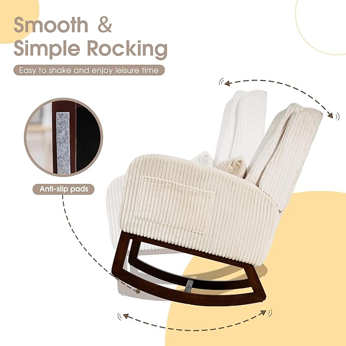 COCO DESIGN Corduroy Upholstered Rocking Chair for Nursery - Padded Seat &amp Back Sturdy Wood Rockers for Living Room Nursery Bedroom Relaxation (Beige)