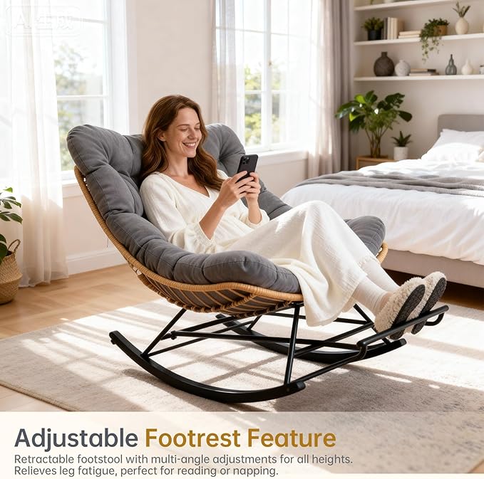 Egg Chair Wicker Outdoor Chairs Oversized Patio Lounger Chair with Water Resistant PE Rattan Adjustable Footstool Cushioned Comfort for Porch Garden Living Room Dark Grey