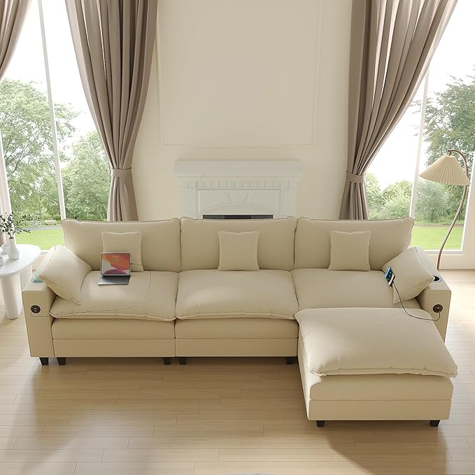 116 Modular L Shaped Cloud Couch Sectional Couches for Living Room with Ottoman Chenille Deep Seat Sofa Cloud Sectional Couch with Charging Station Cup Holder Side Pocket Beige