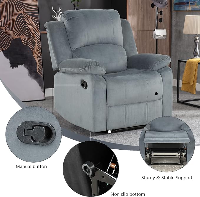CANMOV Manual Recliner Chair Soft Fabric Overstuffed Recliner Single Sofa Chair for Living Room Heavy Duty and Safety Reclining Mechanism (Blue Grey)
