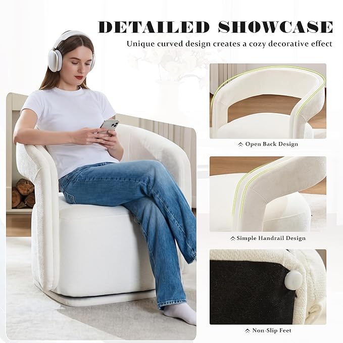 FOXHUNTER Swivel Accent Chair Modern Upholstered Barrel Chair Oversized Round Accent Armchair with Open Back Wooden Base for Living RoomChenil White