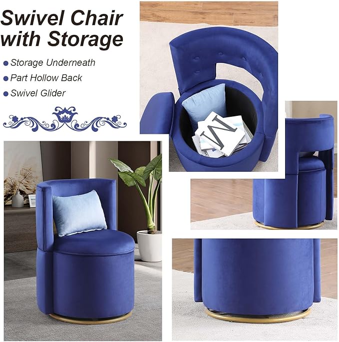Vantiy Chair with Storage Round Velvet Chair with Tufted Button and Hollowed Back Back Cushion Included (Blue)