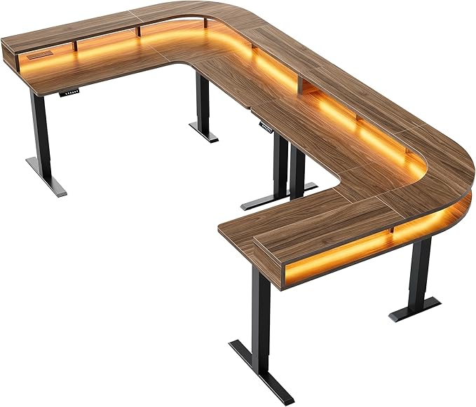 HUANUO U-Shape Standing Desk with LED Strip &amp Power Outrlets 2-Tier Height Adjustable Sit Stand up Gaming Desk with Power Strip Holder Large Computer Table for Home Office Walnut