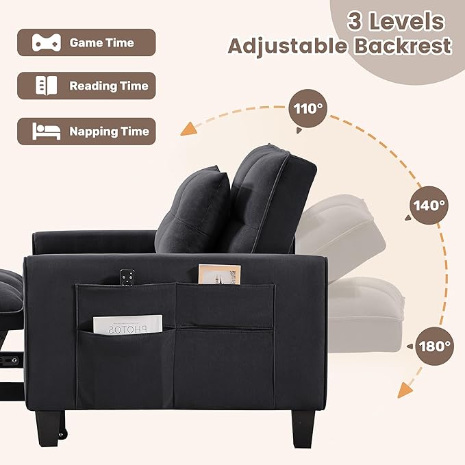 Modern Black Velvet 3 in 1 Sleeper Chair Bed Pull Out Sofa Bed Chair Adjustable Backrest 3 Reclining Positions Adult Size Indoor Use