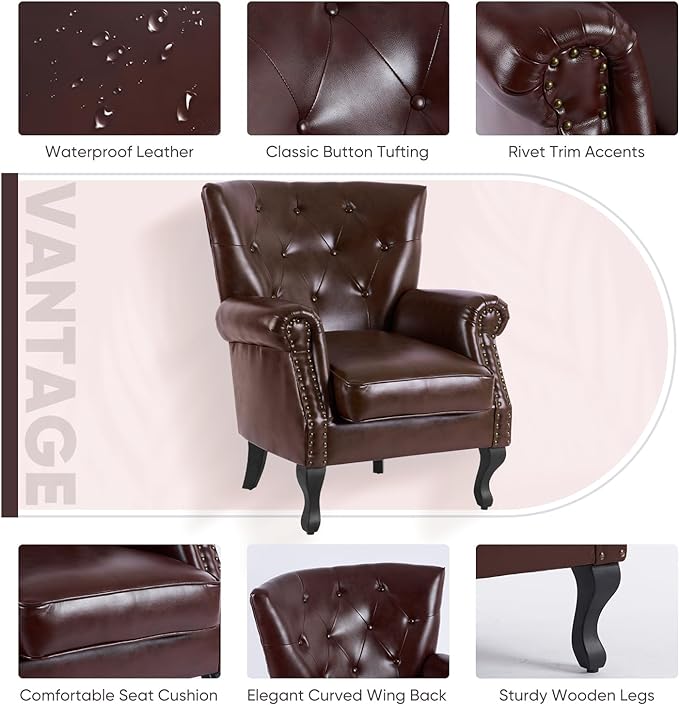 MOJAY PU Leather Accent Chair Mid-Century Modern Armchair Living Room Club Chair with Tufted Button &amp Rivet Trim Upholstered Sofa Chair with Sturdy Wood Legs for Bedroom (Reddish Brown)