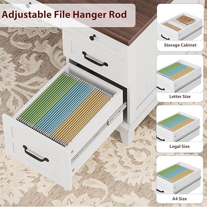 Farmhouse Home Office Desk with Power Outlets &amp USB Ports 53.5 Inch Writing Desk with Adjustable File Cabinet and Storage Drawers Executive Computer Desk for Study Workspace