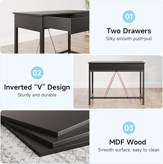 Mexin Small Black Desk with 2 Wooden Drawers 40 Inch Home Office Writing Desk Black Vanity Desk with Storage Computer Desk for Bedroom Small Spaces Table for Office Work Kids Study Makeup