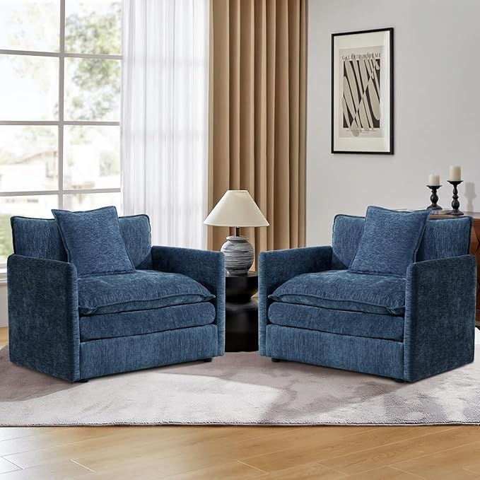 Oversized Accent Chair with Ottoman Modern Cloud Chaise Lounge Chair Indoor with Deep Seat Upholstered Comfy Armchair Reading Chairs Sofa for Bedroom Living Room Apartment Blue Chenille