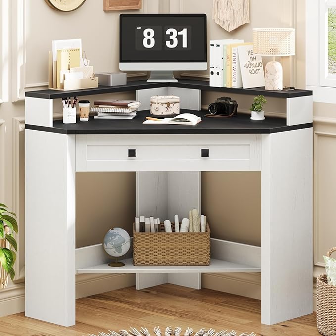 Corner Desk Triangle Computer Desk Home Office Workstation with Drawer and Monitor Stand for Small Spaces Farmhouse Corner Vanity Table for Bedroom Study Living Room (Rustic White and Black)