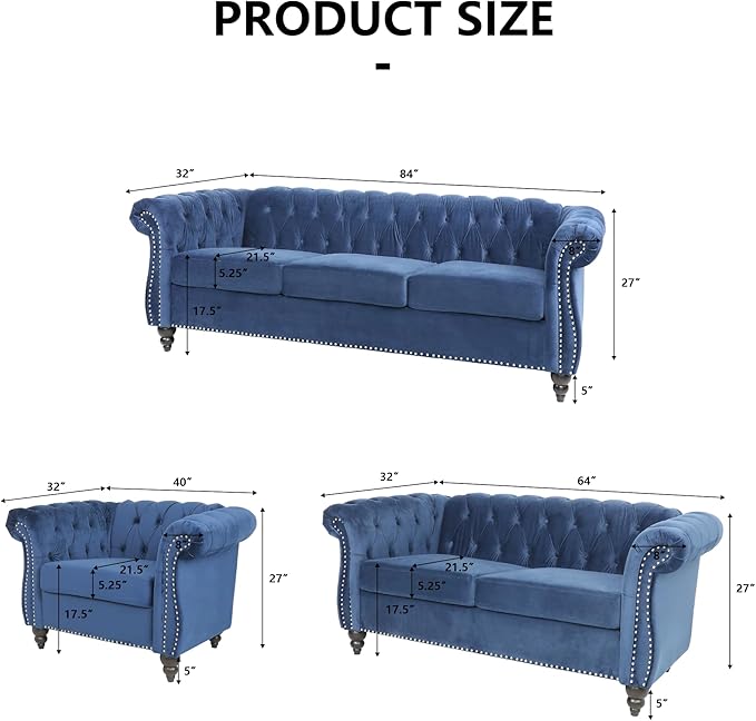2 Seater Sofa Velvet Chesterfield Sofa Modern Tufted Couch 2 Seater Large Sofa with Scroll Arms and Nailhead for Living Room Blue