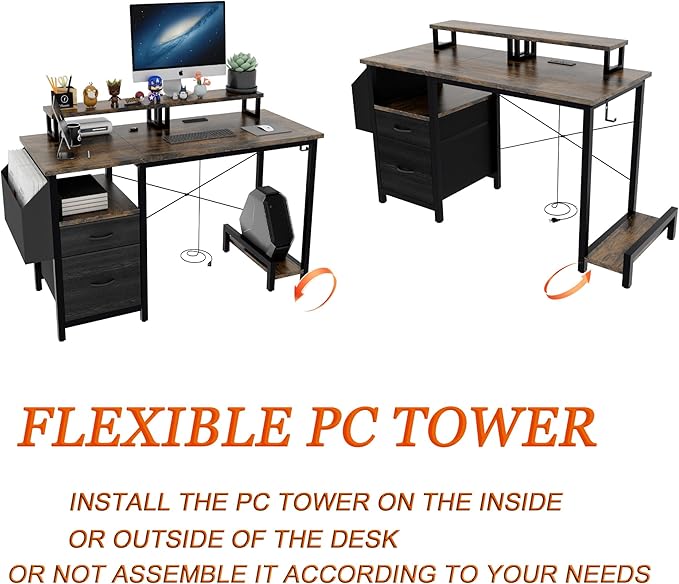 Computer Desk with Drawer and Power Outlets 47 Office Desk with 2 Monitor Stands and Fabric File Cabinet Writing Gaming Table with Shelves and Hooks for Home Office Rustic Brown