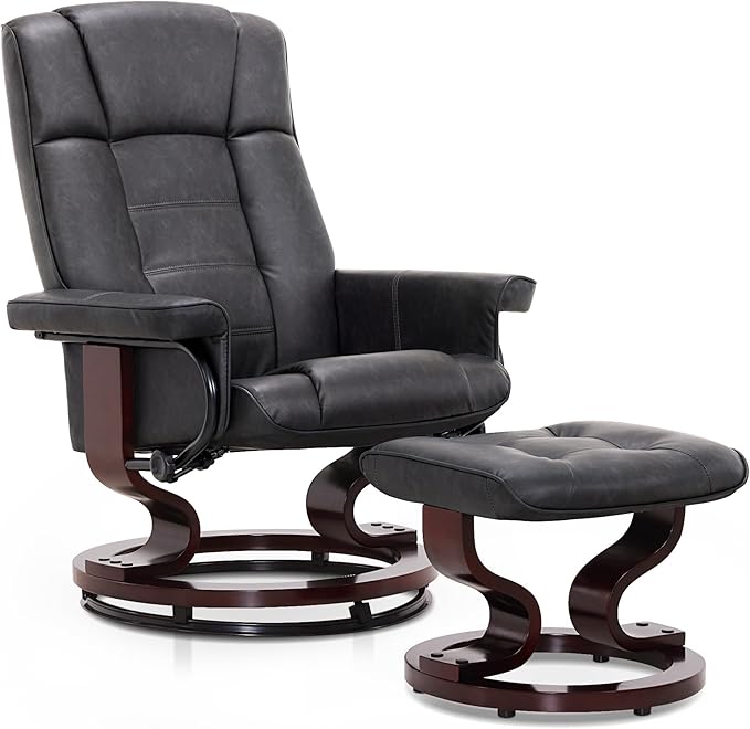 MCombo Manual Swivel Recliner with Ottoman Chair Ottoman Set for RV Small Spaces Living Room Bedroom Office 9019 4919 (Faux Leather Dark Grey)