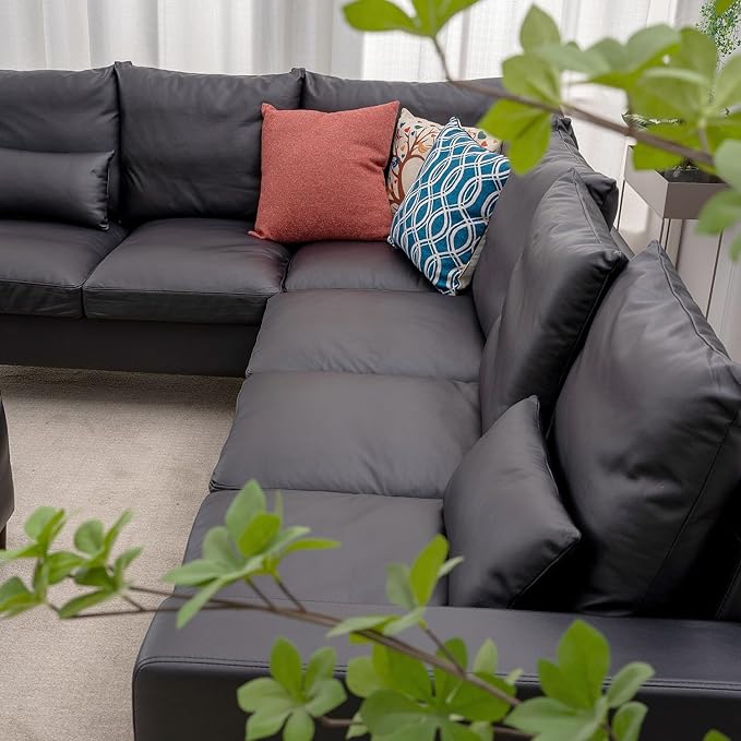 Panana 5 and 6 Seater Convertible Sectional Sofa CouchL-Shape with Universal Corner and Bulit-in USB Charging Port Chaise (Black Leather Look Fabric 6 Seater Corner with Built-in USB Port Chaise)