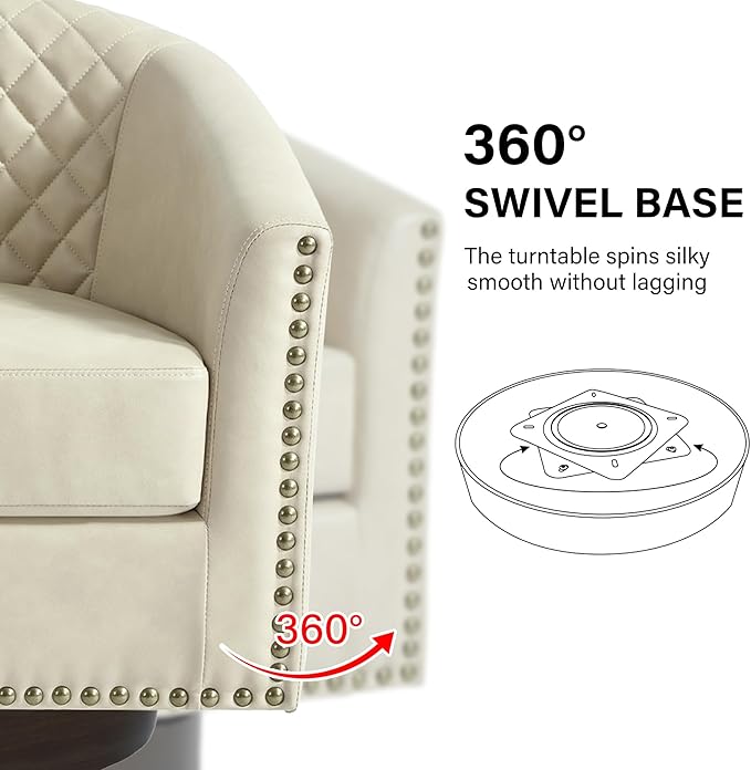 Swivel Barrel Accent Chair Comfy Modern Upholstered Round Faux Leather Arm Chair for Living Room Bedroom（Beige Set of 2