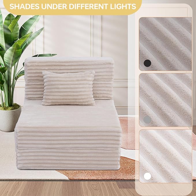 Folding Sofa Bed Single Convertible Futon Chair Bed with Pillow Folding Sofa Sleeper Chair Fold Out Couch Comfortable Foam Floor Couch for Living Room Bedroom Dorm Guest Room Beige