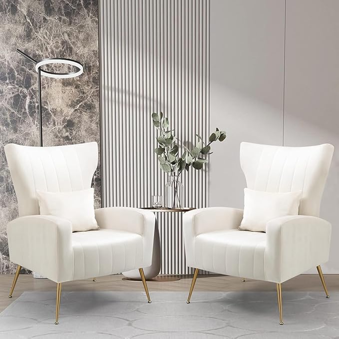 X-VOLSPORT Velvet Accent Chairs Set of 2 Mid Century Modern High Back Living Room Chair with Waist Pillow Upholstered Arm Chair with Metal Gold Legs for Bedroom Club White