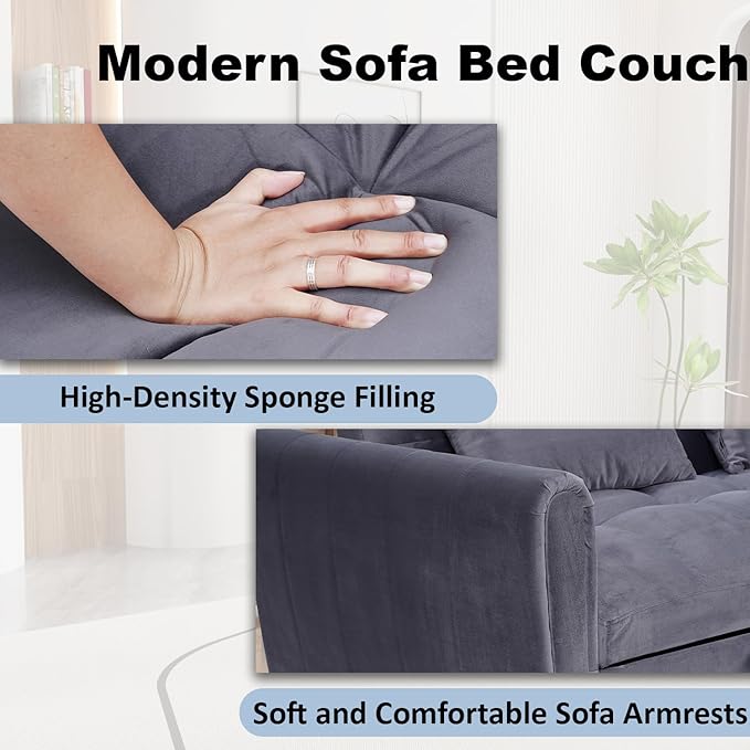 64.9 Velvet Convertible Sofa Bed 3-in-1 Sleeper Loveseat with Adjustable Backrest &amp Storage Pocket Modern Futon for Small Spaces Apartment Living Room Office (Grey)