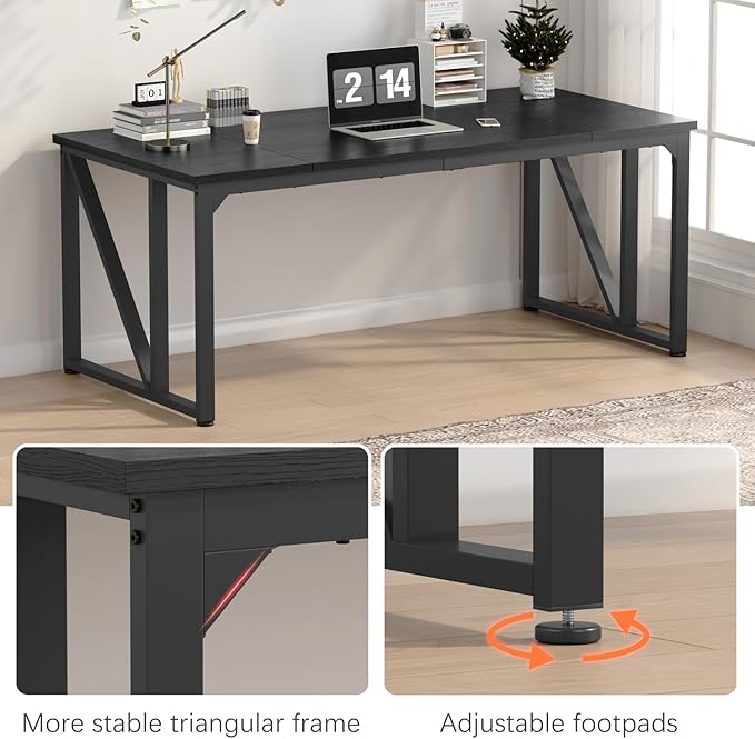 70 Computer Desks Large Wooden Home Office Desk with Thicker Tabletop and Metal Frame Writing Work Computer Study Table Desk for Home and Office Easy Assembly (Black + Black Metal Frame)