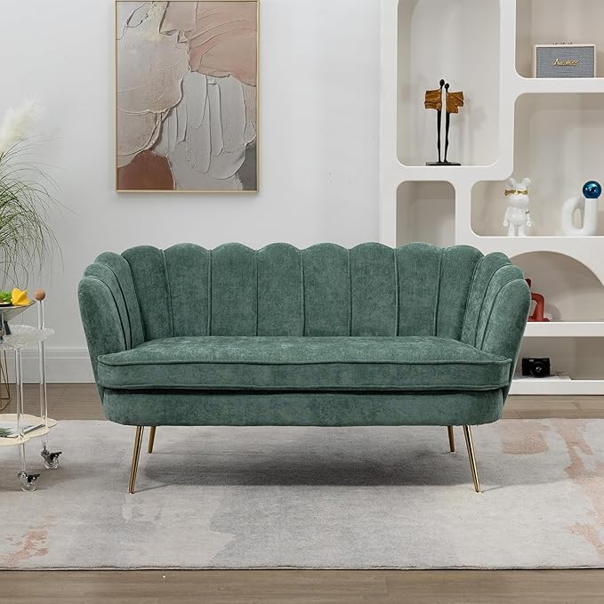 Anwick 59 Small Modern Chenille Loveseat Sofa 2-Seater Sofa with Gold Metal Legs Small Couch with Flower Shaped Back for Living Room Bedroom Office(Green)