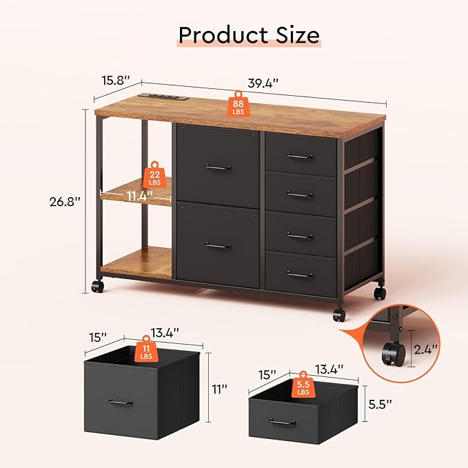 6 Drawer File Cabinet with Charging Station Rolling Printer Stand with Open Storage Shelf Fabric Lateral Filing Cabinet for Home OfficeRustic Brown