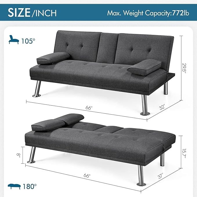 Anwick Futon Sofa Bed Modern Folding Couch for Small Space Linen Convertible Loveseat Sleeper Bed Daybed Recliner Lounge Sofas for Living Room2 Cup HoldersMetal LegsRemovable Armrests (Dark Gray)