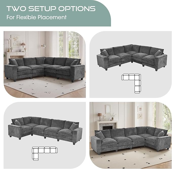 97 5 Seater L Shaped Couch Corner Sofa Oversized Cloud Couch with 2 Pillows Chenille Modular Sectional Sofa Armrests with Two Hidden Storage Space Sectional Couches for Living Room Dark Grey
