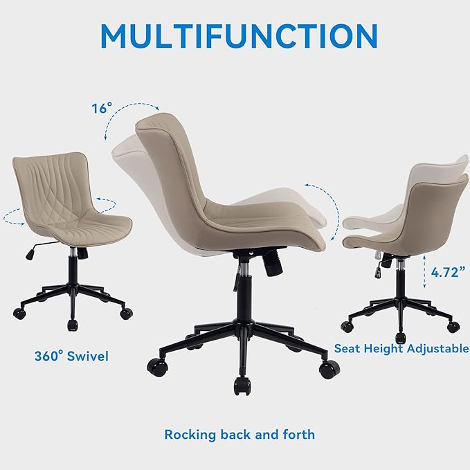 YOUNIKE Office Chair Desk Chair with Wheels Home Office Computer Task Chairs Modern Faux Leather Padded Vanity Chair Adjustable Swivel Armless Office Chairs with Back Khaki
