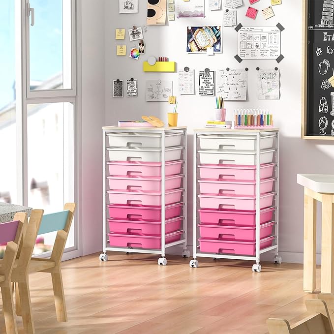 Rolling Cart with DrawersStorage Cart with 8 Drawers and Wooden TabletopUtility Cart for Living RoomClassroom BedroomBathroomDormOfficeRose Pink