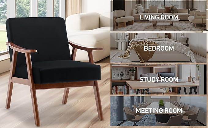 Mid-Century Modern ChairUpholstered Armchair Living Room Chair with Solid Wood Frame Comfy Reading Chairs Lounge Side Chair for Living RoomBedroomBelcony. (Black+Velvet)